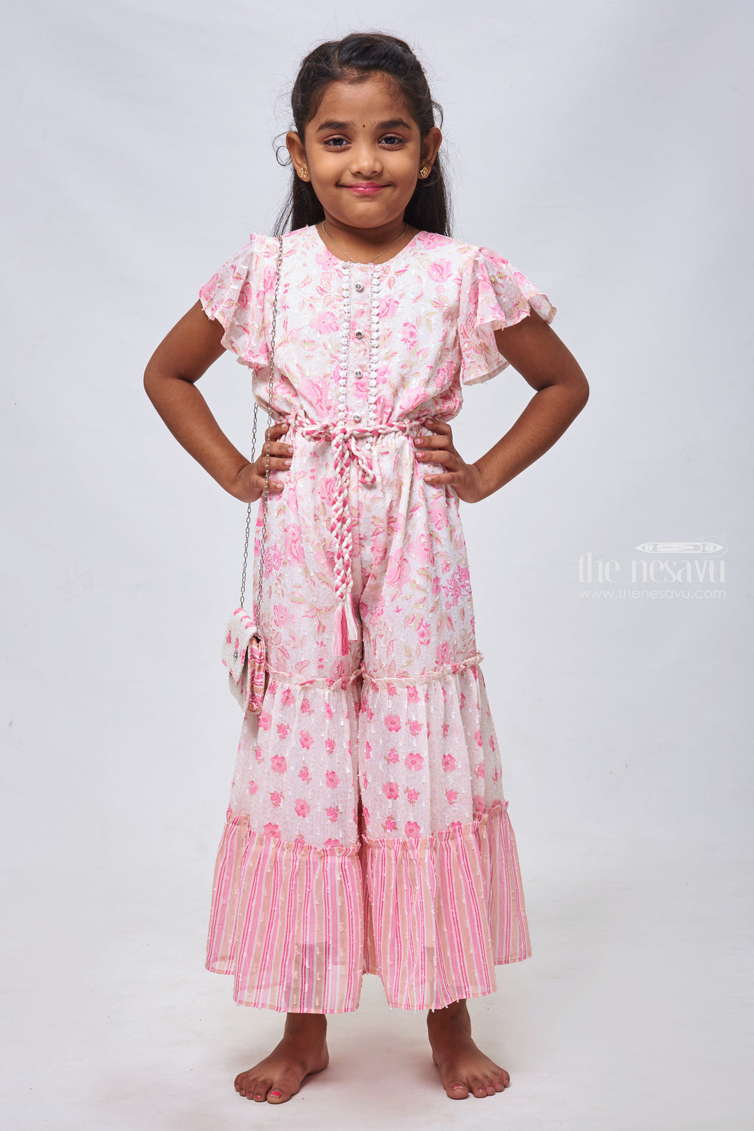 The Nesavu Girls Jumpsuit Floral Printed Pink Jumpsuit with Flare Sleeves: Stylish Charm for Girls Nesavu 24 (5Y) / Pink / Georgette GPS182B-24 Designer Jumpsuit for Girls | Stylish & Trendy Collections | The Nesavu