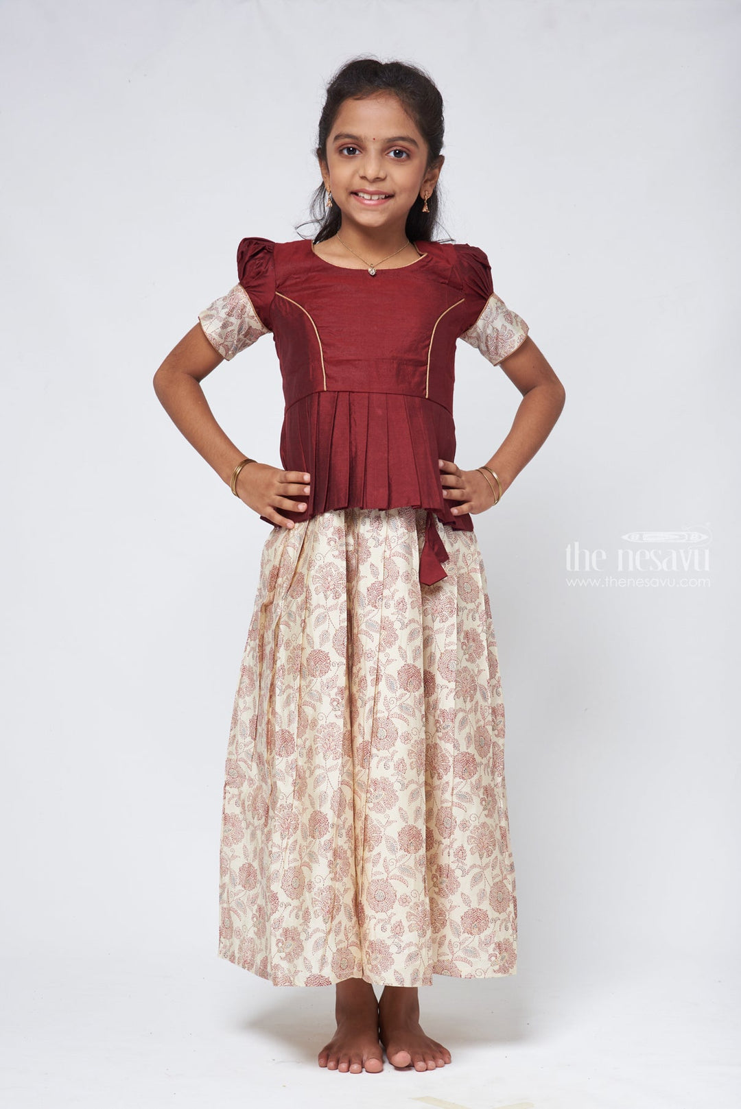 The Nesavu Pattu Pavadai Floral Printed Pleated Beige Skirt with Box Pleated Brown Jacquard Silk Blouse for Girls Nesavu 16 (1Y) / Beige GPP286B-16 Latest Pattu Pavadai Designs | Girls Pattu Langa | The Nesavu