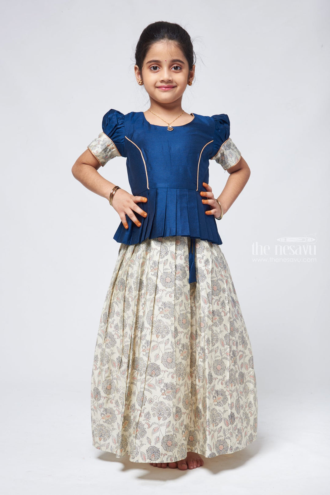 The Nesavu Pattu Pavadai Floral Printed Pleated Beige Skirt with Box Pleated Navy Blue Jacquard Silk Blouse for Girls Nesavu 16 (1Y) / Beige GPP286A-16 Latest Pattu Pavadai Design | Girls Pattu Langa | The Nesavu