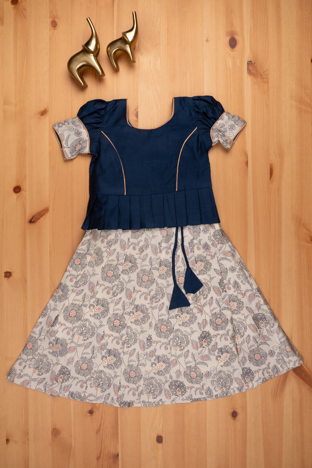 The Nesavu Pattu Pavadai Floral Printed Pleated Beige Skirt with Box Pleated Navy Blue Jacquard Silk Blouse for Girls Nesavu 16 (1Y) / Beige GPP286A Latest Pattu Pavadai Design | Girls Pattu Langa | The Nesavu