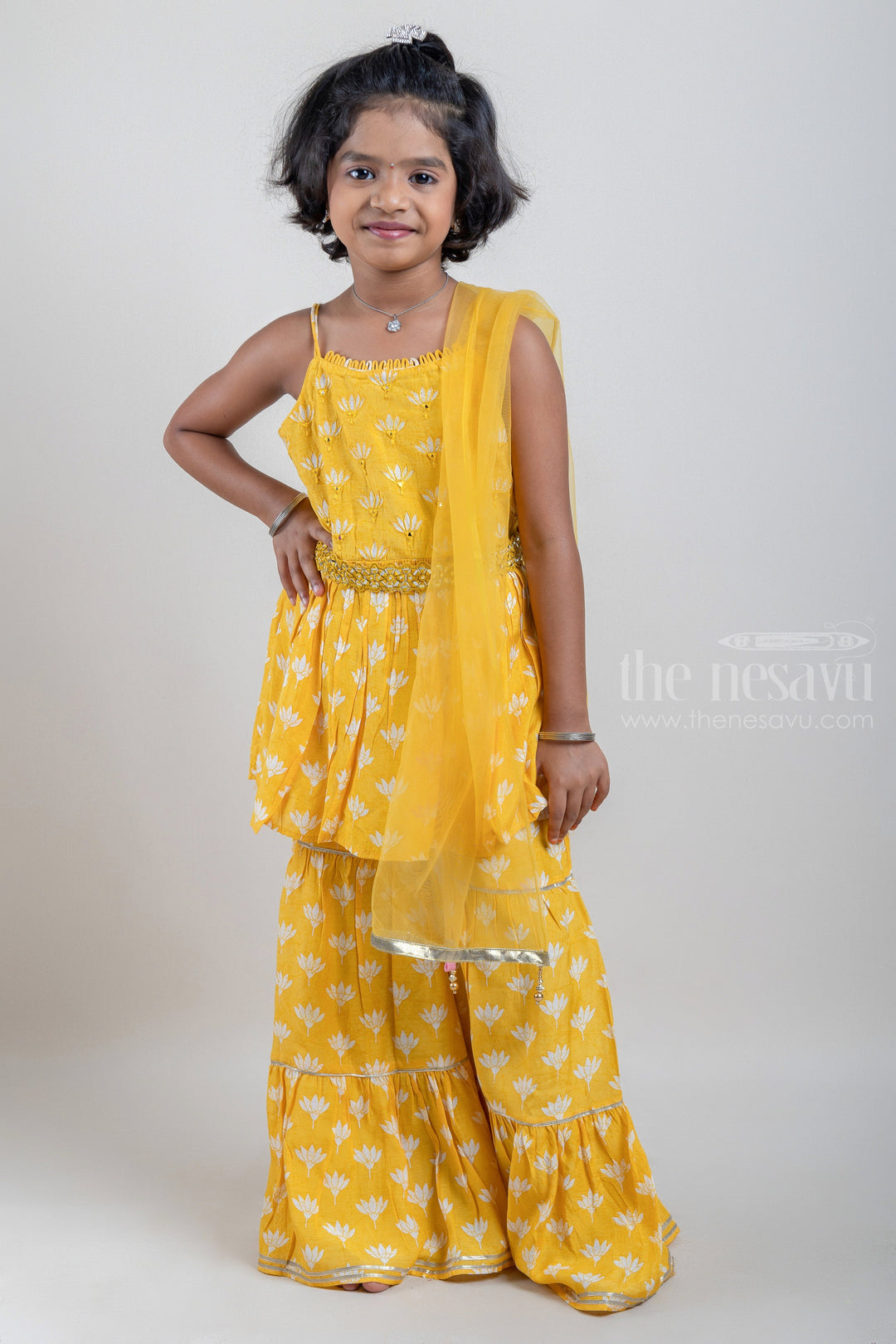 The Nesavu Girls Sharara / Plazo Set Floral Printed Pleated Peplum Pattern Yellow Kurti with Layered Palazzo Suit for Girls with Organza Dupatta Nesavu 18 (2Y) / Yellow / Cotton GPS146-18 Shop Girls Floral Printed Kurti with Layered Palazzo Suit Online | Designer Ethnic Wear Ideas | The Nesavu
