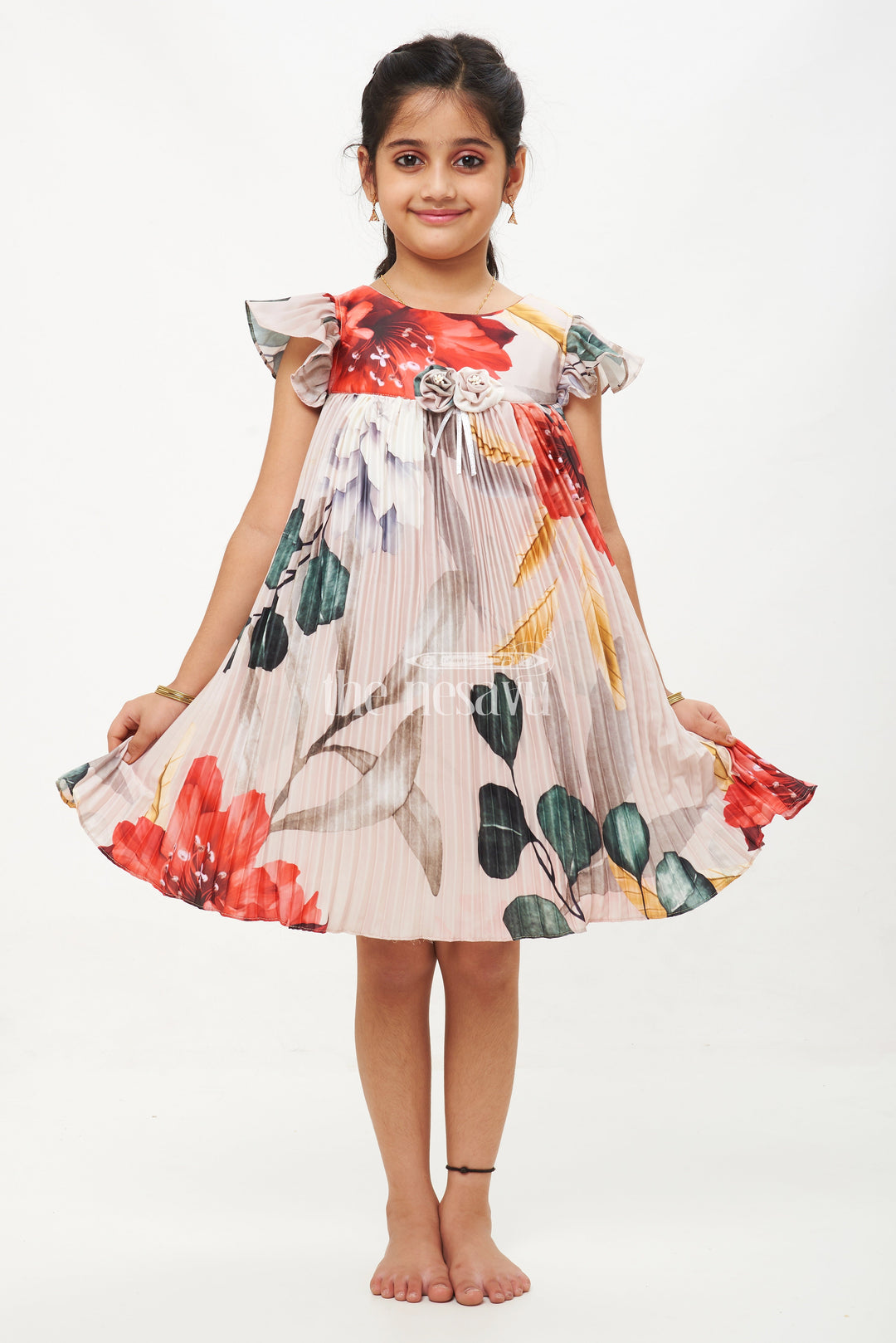 The Nesavu Girls Fancy Frock Floral Printed Satin Pleated Frock with Flutter Sleeves for Girls Nesavu 18 (2Y) / multicolor GFC1348A-18