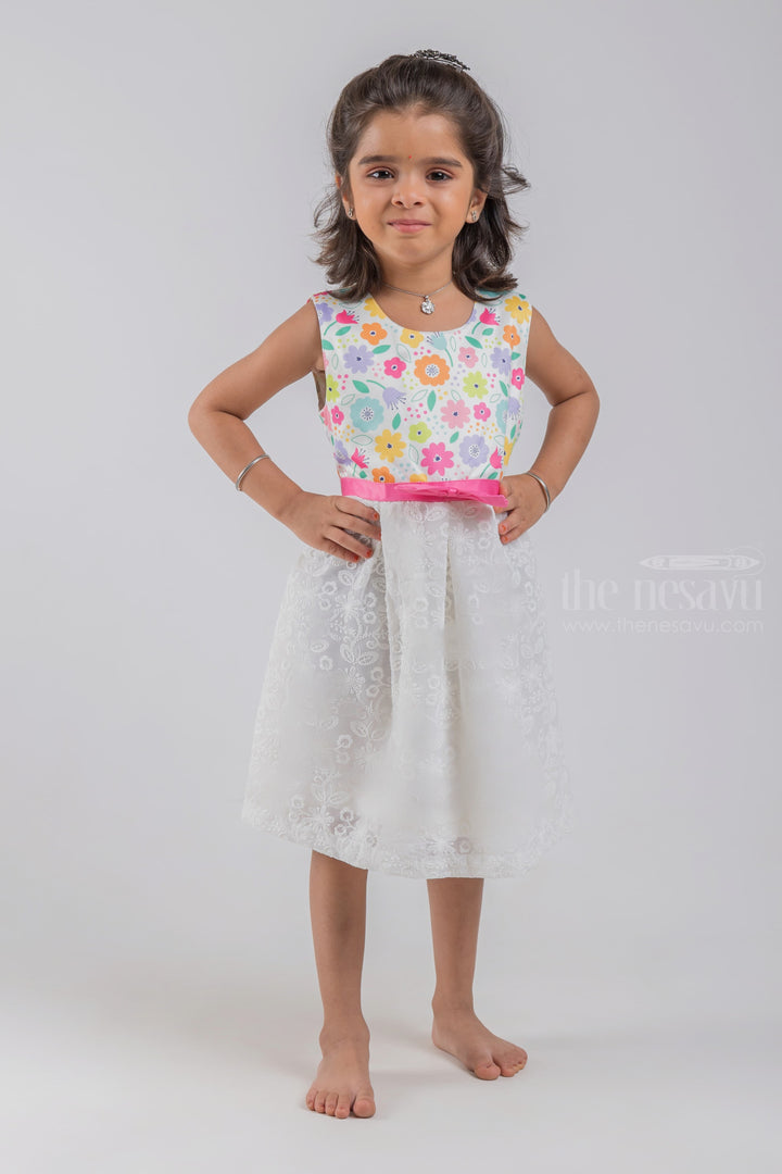 The Nesavu Baby Fancy Frock Floral Printed White Yoke with Floral Designer Lucknow Chikan Baby Frock psr silks Nesavu 14 (6M) / Half White / Satin BFJ422A