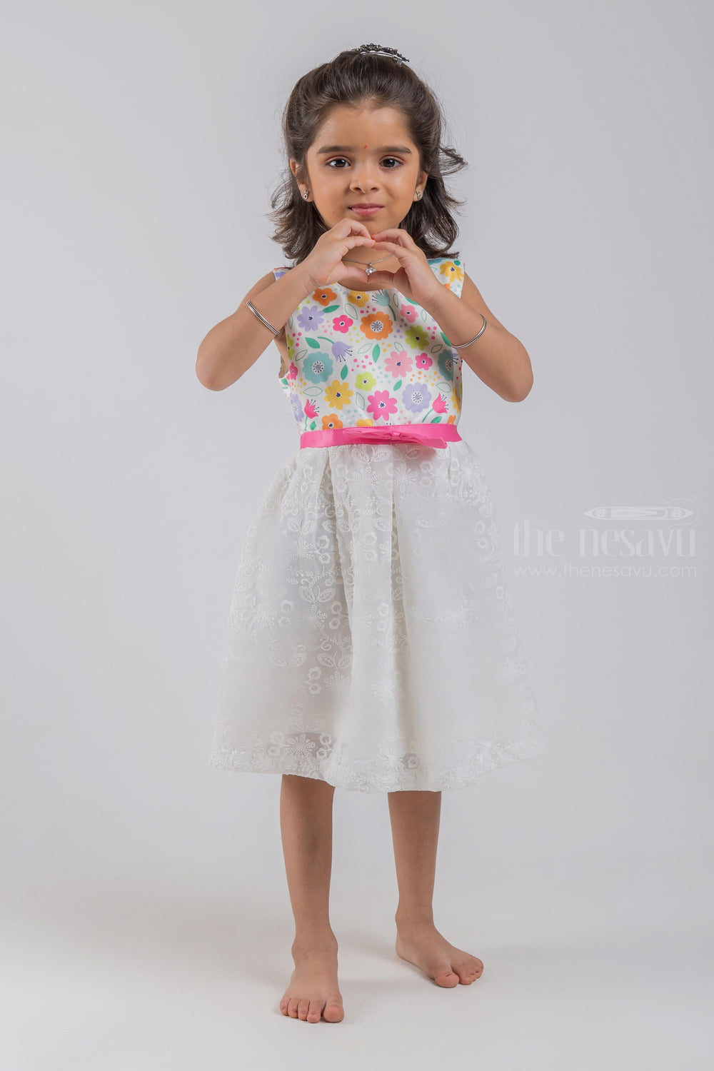 The Nesavu Baby Fancy Frock Floral Printed White Yoke with Floral Designer Lucknow Chikan Baby Frock psr silks Nesavu