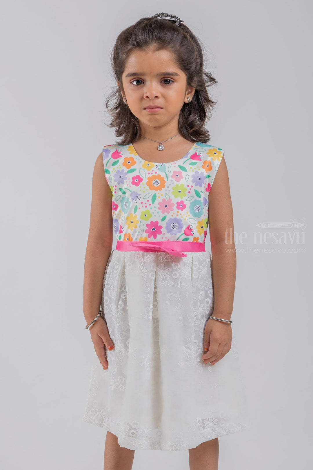 The Nesavu Baby Fancy Frock Floral Printed White Yoke with Floral Designer Lucknow Chikan Baby Frock psr silks Nesavu