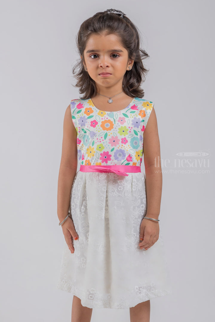 The Nesavu Baby Fancy Frock Floral Printed White Yoke with Floral Designer Lucknow Chikan Baby Frock psr silks Nesavu