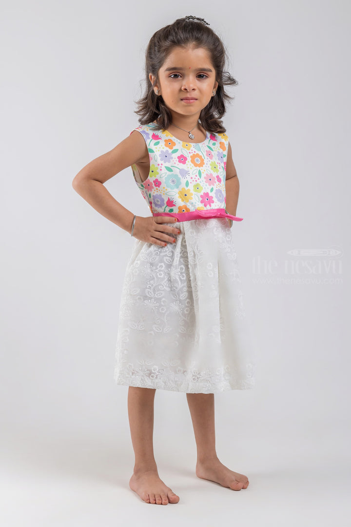 The Nesavu Baby Fancy Frock Floral Printed White Yoke with Floral Designer Lucknow Chikan Baby Frock psr silks Nesavu