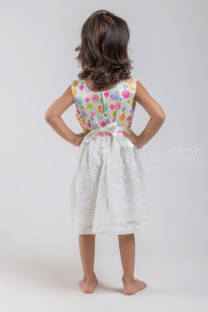 The Nesavu Baby Fancy Frock Floral Printed White Yoke with Floral Designer Lucknow Chikan Baby Frock psr silks Nesavu