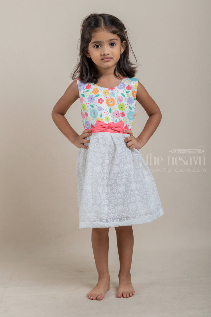 The Nesavu Baby Fancy Frock Floral Printed White Yoke with Floral Designer Lucknow Chikan Baby Frock With Bow Applique Nesavu 14 (6M) / Half White / Satin BFJ422B Baby Cotton Frock Collection | New Arrivals | The Nesavu