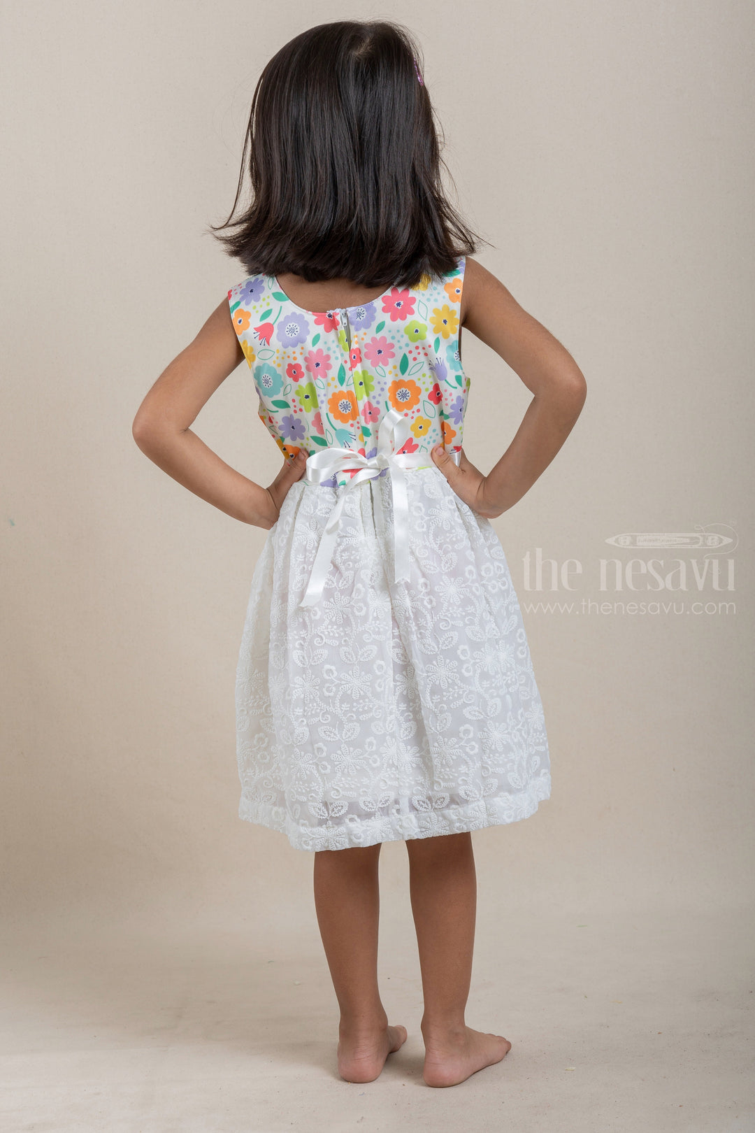 The Nesavu Baby Fancy Frock Floral Printed White Yoke with Floral Designer Lucknow Chikan Baby Frock With Bow Applique Nesavu Baby Cotton Frock Collection | New Arrivals | The Nesavu