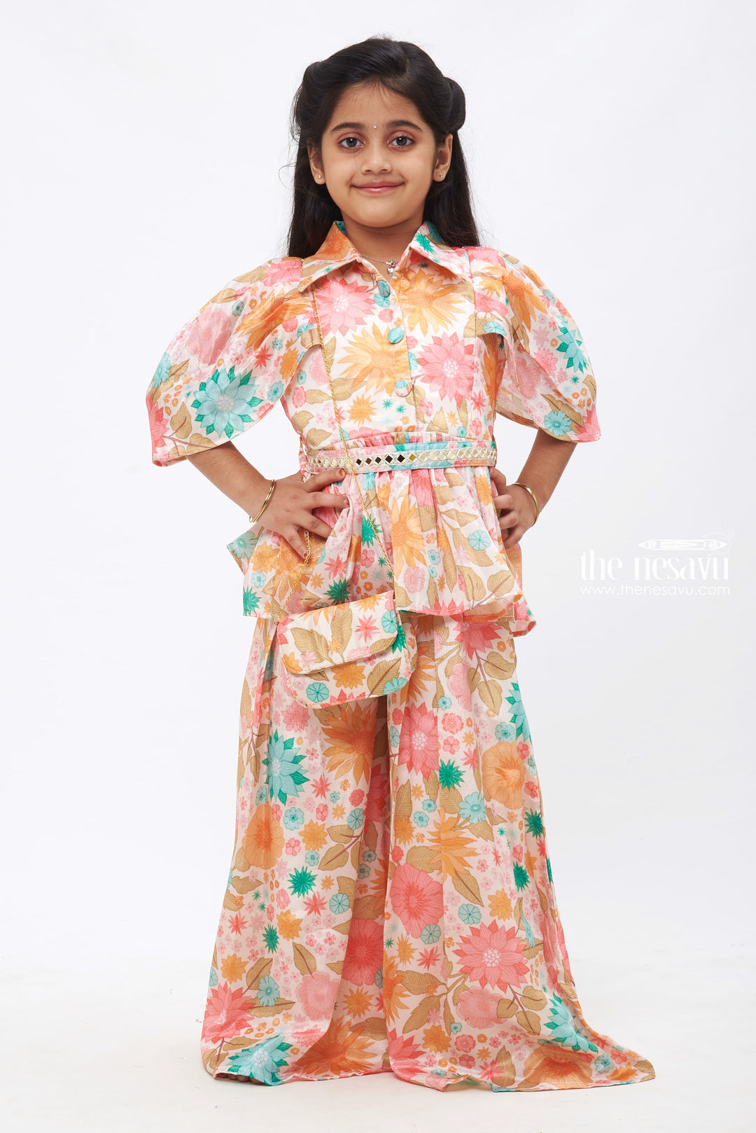 The Nesavu Girls Sharara / Plazo Set Floral Serenade: Girls Floral Printed Half white Top with Palazzo Pant Set Nesavu 24 (5Y) / Half white / Chinnon GPS232A-24 Elegant Palazzo outfits for girls | Girls Top with Palazzo set