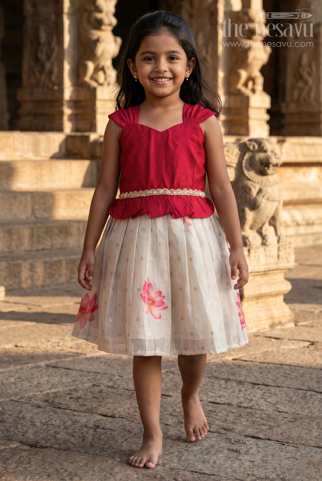 The Nesavu Silk Embroidered Frock Floral Silk Frock for Toddlers for Birthdays and Traditional Occasions Nesavu 18 (2Y) / Deeppink / Silk Blend SF1112A-18 Nesavu floral silk frock for toddlers with lotus print and chanderi yoke – great for birthday functions