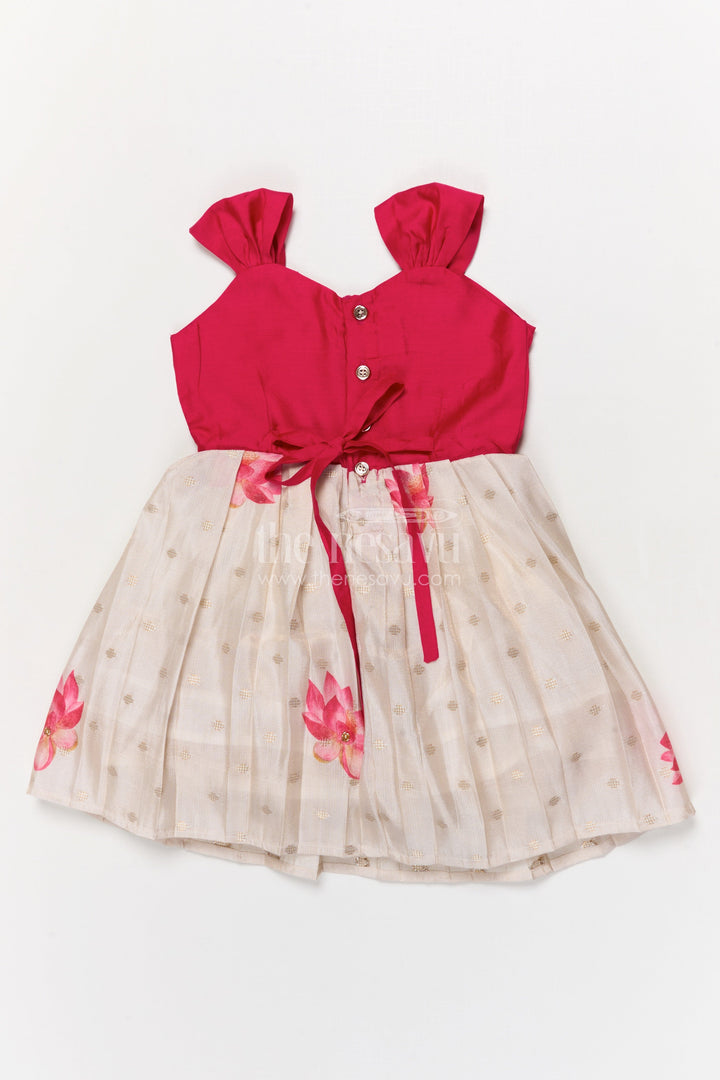 The Nesavu Silk Embroidered Frock Floral Silk Frock for Toddlers for Birthdays and Traditional Occasions Nesavu Nesavu floral silk frock for toddlers with lotus print and chanderi yoke – great for birthday functions