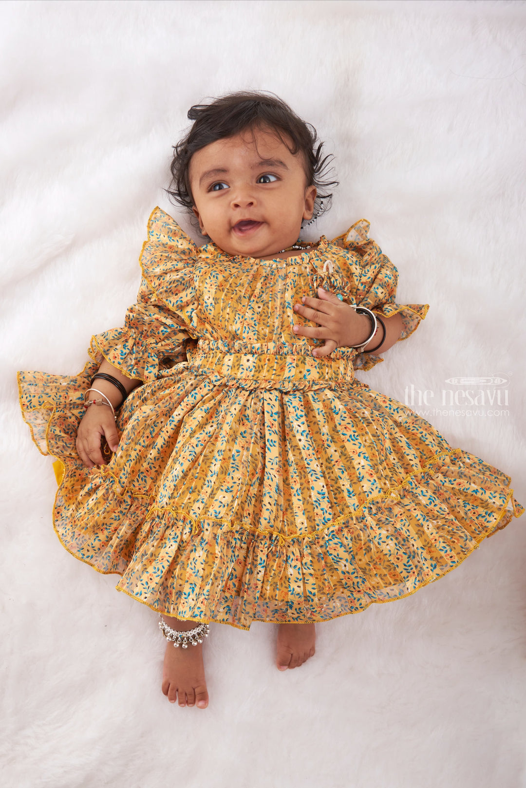 The Nesavu Baby Fancy Frock Floral Symphony Baby Frock in Earthy Tones - Adorable & Trendy Frocks for Little Ones Nesavu 14 (6M) / Yellow / Georgette BFJ477A-14 Adorable Frocks for Baby Girls | Festive and Traditional Dresses | The Nesavu