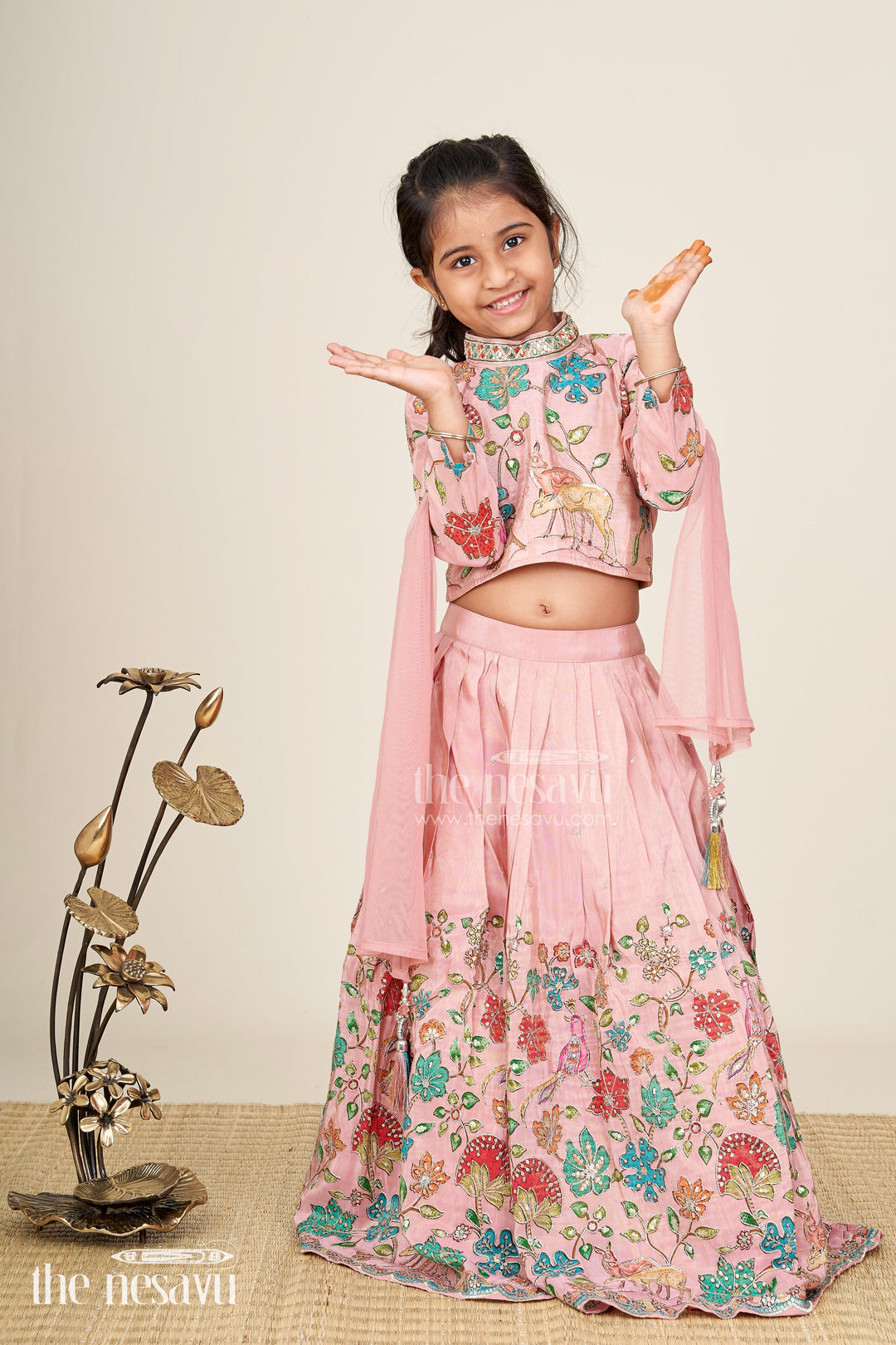 The Nesavu Girls Lehenga Choli Floral tissue silk lehenga choli for girls with full-sleeve top Nesavu 24 (5Y) / Pink GL811A-24 Nesavu pink girls lehenga choli set in tissue silk with floral print and sequin detailing