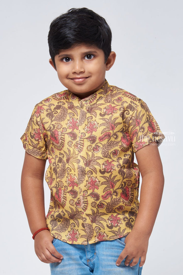 The Nesavu Boys Linen Shirt Floral Whimsy: Linen Boys' Shirt with Playful Floral Prints for a Joyful Look Nesavu 14 (6M) / Yellow / Linen BS059-14 Playful Floral Prints Linen Shirt | Baby Shirt Online | The Nesavu