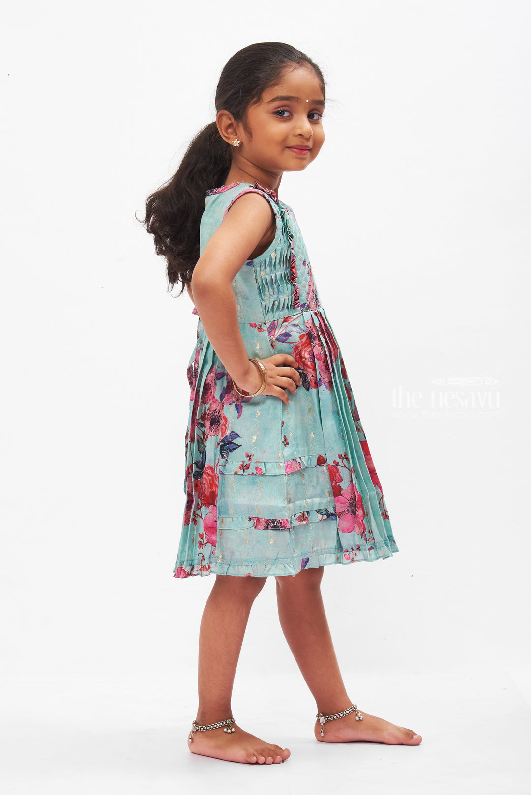 The Nesavu Girls Cotton Frock Floral Whisper Cotton Frock with Shimmer Accents for Girls Nesavu Girls Chic Cotton Dress Designs | Blue Floral Frock with Shimmer | The Nesavu