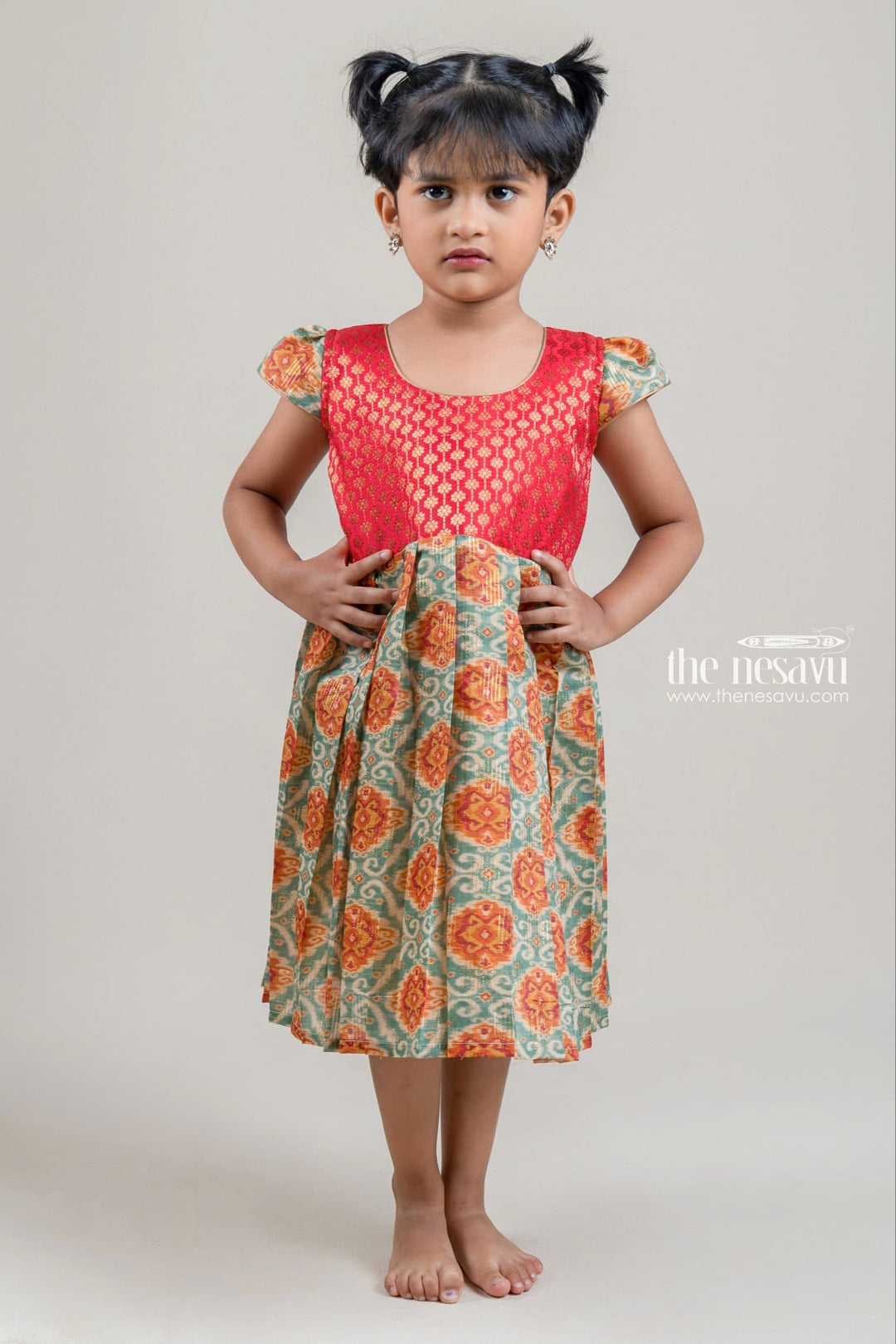 The Nesavu Girls Fancy Frock Floral Zari Printed Red Yoke with Ikat Printed Pleated Silk Cotton Frock for Girls Nesavu 14 (6M) / Green / Silk Blend GFC1051A-14 Floral Zari Printed Red Yoke with Ikat Printed Pleated Silk Cotton Frock for Girls | The Nesavu