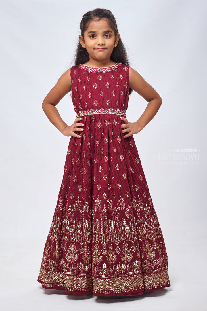 The Nesavu Girls Silk Gown Foil Printed Purple Pleated Elegance: Full Length Gown for Girls Nesavu 24 (5Y) / Purple / Silk Blend GA146A-24 Beautiful Anarkali Dress for Wedding | Fancy Anarkali Dress | The Nesavu