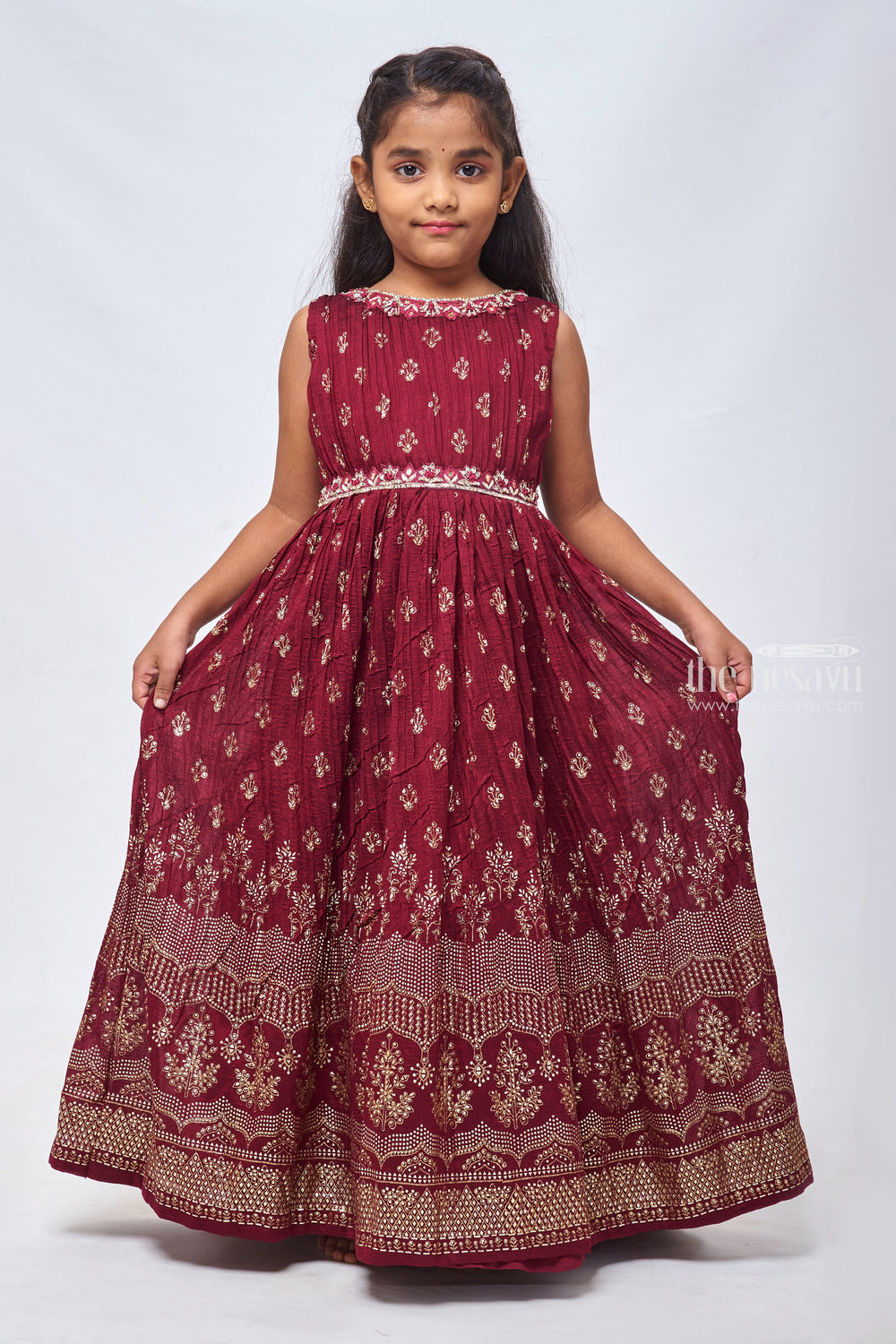 The Nesavu Girls Silk Gown Foil Printed Purple Pleated Elegance: Full Length Gown for Girls Nesavu Beautiful Anarkali Dress for Wedding | Fancy Anarkali Dress | The Nesavu