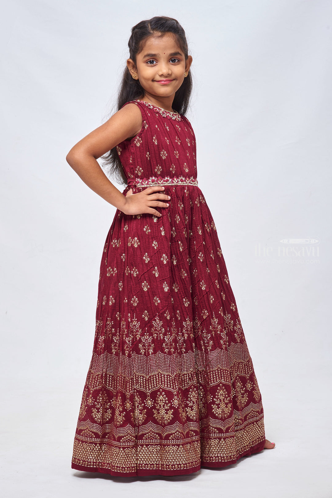 The Nesavu Girls Silk Gown Foil Printed Purple Pleated Elegance: Full Length Gown for Girls Nesavu Beautiful Anarkali Dress for Wedding | Fancy Anarkali Dress | The Nesavu