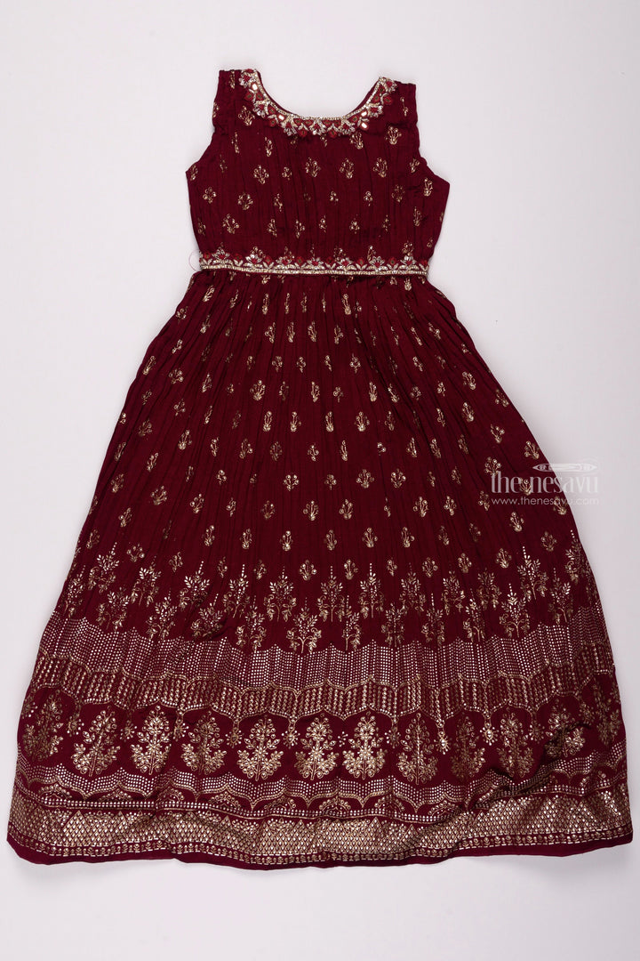 The Nesavu Silk Gown Foil Printed Purple Pleated Elegance: Full Length Gown for Girls Nesavu 24 (5Y) / Purple / Silk Blend GA146A-24 Beautiful Anarkali Dress for Wedding | Fancy Anarkali Dress | The Nesavu