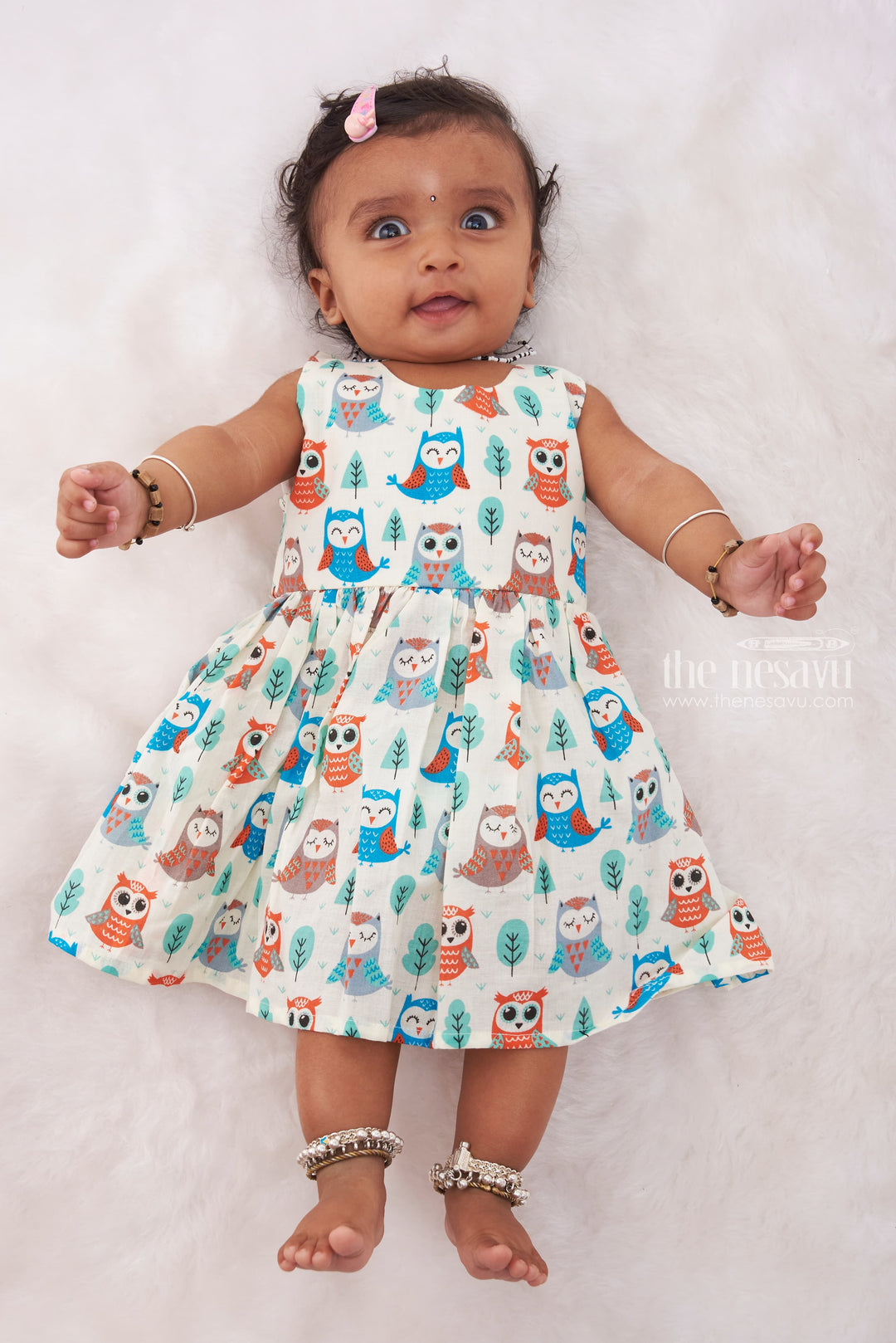 The Nesavu Baby Cotton Frocks Forest Dreams: Charming Owl-Designed Baby Cotton Frock Nesavu 12 (3M) / White / Cotton BFJ488B-12 Cute and Casual Baby Girl Clothes | Everyday Fashion for Infants | The Nesavu