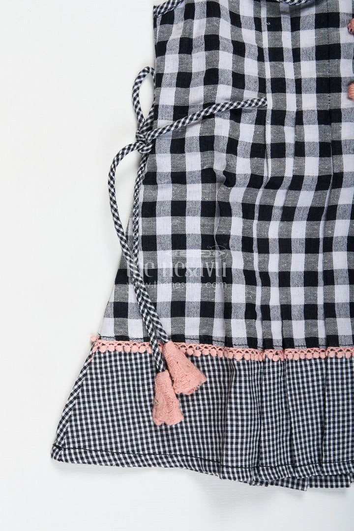 The Nesavu Girls Cotton Frock Formal Party Frock for Kids Classic Checkered Style Nesavu Nesavu Kids Formal Party Frock Black White Gingham Pink Embroidered Collar Tassel Accents