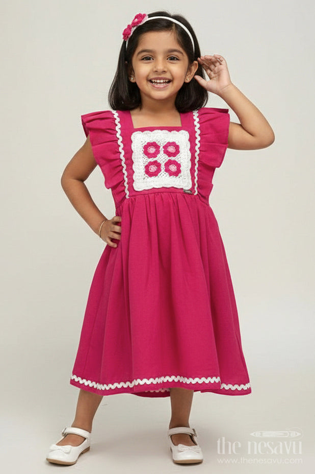 The Nesavu Baby Cotton Frocks Frock Baby Girl in Dark Pink Cotton with Crochet Embellished Yoke and Frill Sleeves Nesavu 14 (6M) / Pink BFJ739B-14 Frock Baby Girl Dark Pink Cotton Crochet Embellished Yoke | The Nesavu