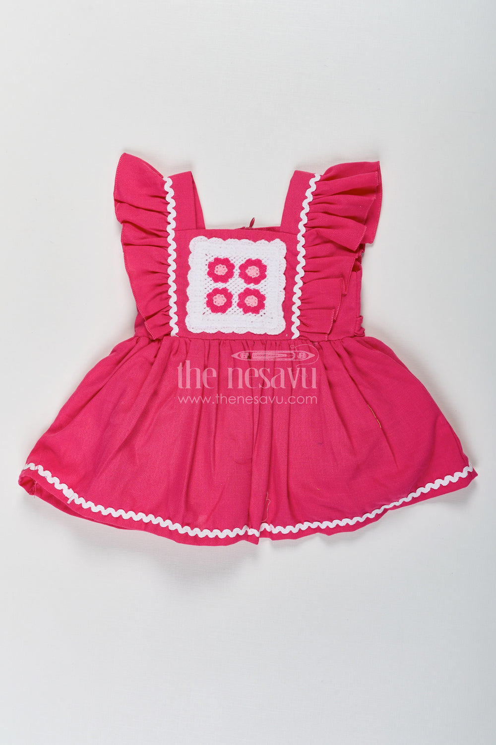 The Nesavu Baby Cotton Frocks Frock Baby Girl in Dark Pink Cotton with Crochet Embellished Yoke and Frill Sleeves Nesavu 14 (6M) / Pink BFJ739B-14 Nesavu Frock Baby Girl Dark Pink Cotton Crochet Embellished Yoke