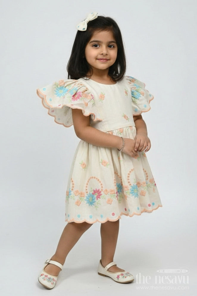The Nesavu Baby Cotton Frocks Frock Baby in Cream Cotton with Multicolor Thread Embroidery and Angel Sleeves Nesavu 14 (6M) / Cream BFJ769A-14 Frock Baby Cream Cotton Multicolor Thread Embroidery Angel Sleeves | The Nesavu