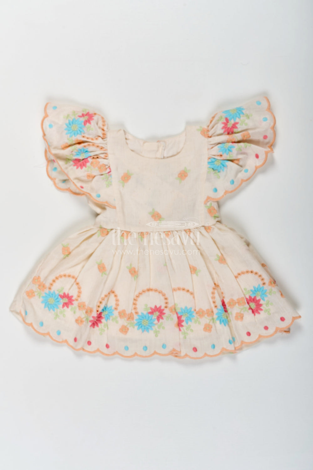 The Nesavu Baby Cotton Frocks Frock Baby in Cream Cotton with Multicolor Thread Embroidery and Angel Sleeves Nesavu 14 (6M) / Cream BFJ769A-14 Nesavu Frock Baby Cream Cotton Multicolor Thread Embroidery Angel Sleeves
