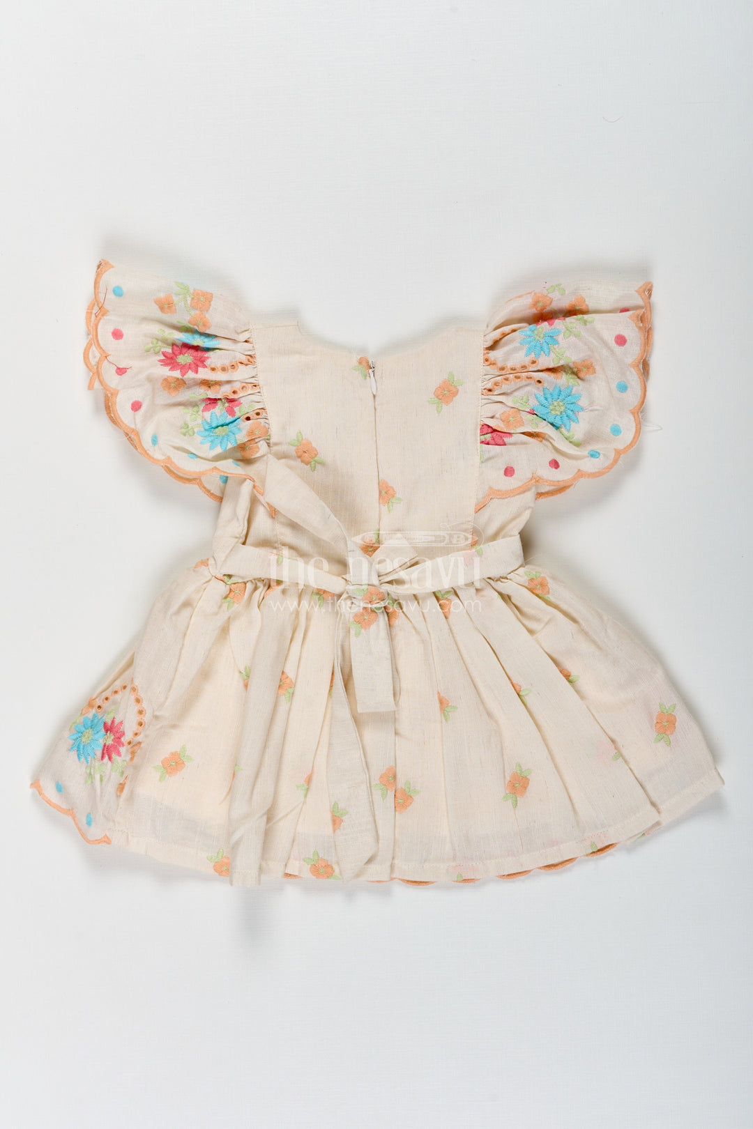 The Nesavu Baby Cotton Frocks Frock Baby in Cream Cotton with Multicolor Thread Embroidery and Angel Sleeves Nesavu Nesavu Frock Baby Cream Cotton Multicolor Thread Embroidery Angel Sleeves