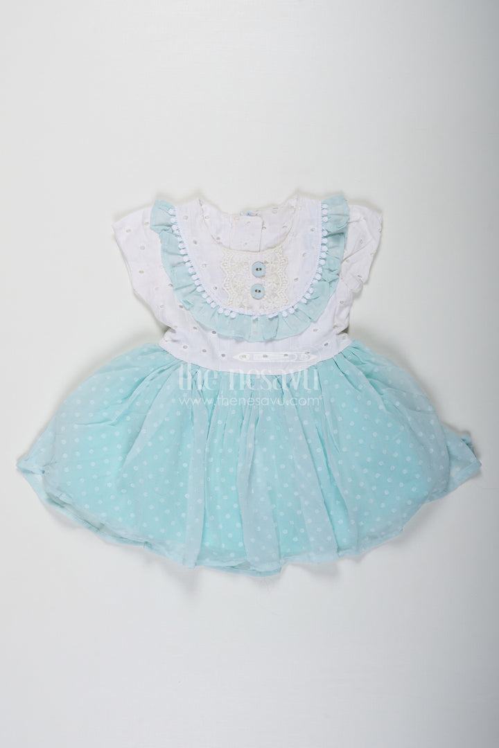 The Nesavu Baby Fancy Frock Frock Clothing for Baby Girls in Aqua Blue with Hakoba Lace Yoke and Georgette Polka Dot Flare Nesavu 22 (4Y) / Blue GFC1718A-22 Nesavu Frock Clothing Baby Girls Hakoba Lace Yoke Aqua Polka Dot Georgette Skirt