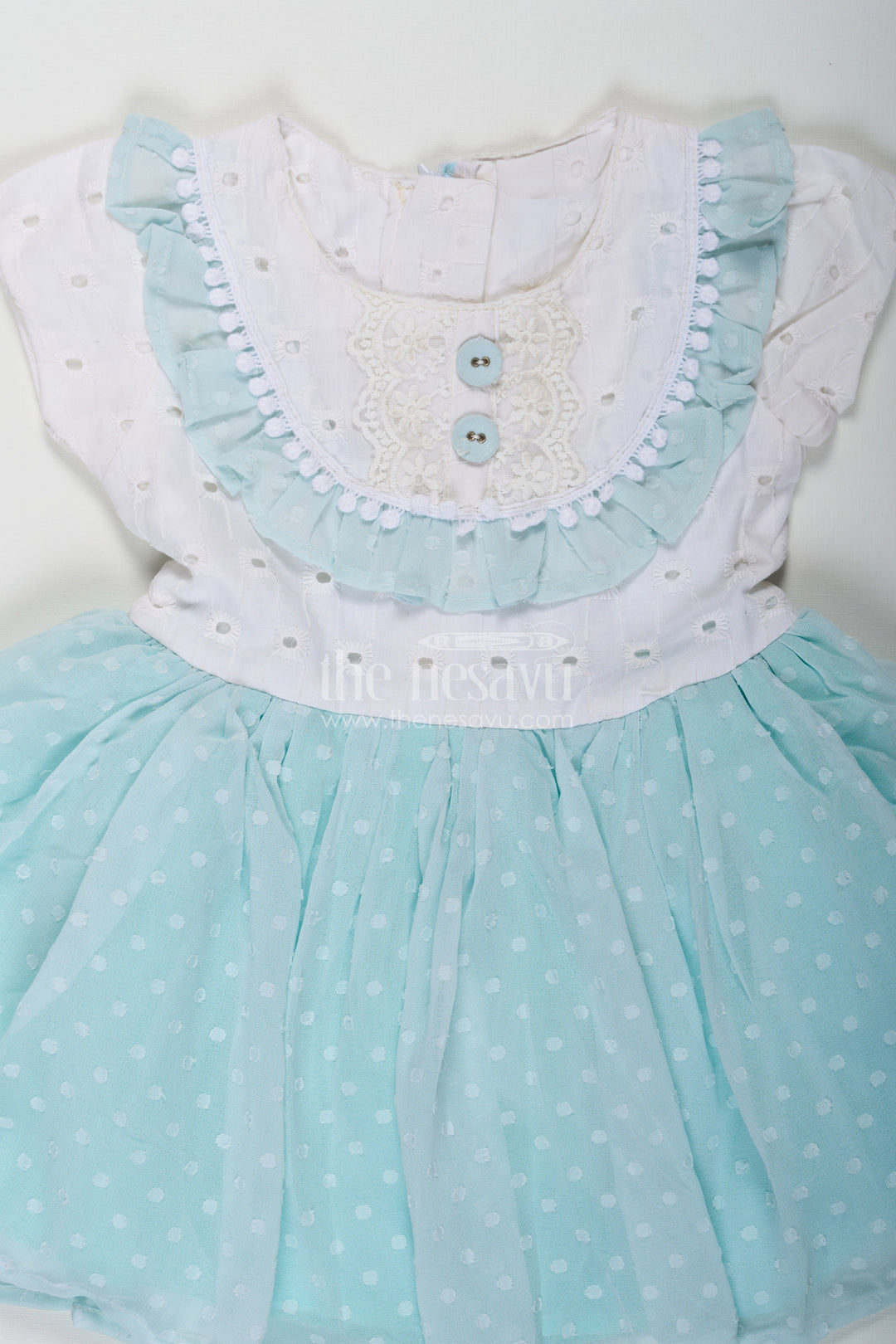 The Nesavu Baby Fancy Frock Frock Clothing for Baby Girls in Aqua Blue with Hakoba Lace Yoke and Georgette Polka Dot Flare Nesavu Nesavu Frock Clothing Baby Girls Hakoba Lace Yoke Aqua Polka Dot Georgette Skirt