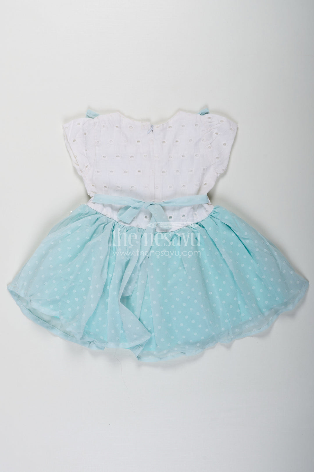 The Nesavu Baby Fancy Frock Frock Clothing for Baby Girls in Aqua Blue with Hakoba Lace Yoke and Georgette Polka Dot Flare Nesavu Nesavu Frock Clothing Baby Girls Hakoba Lace Yoke Aqua Polka Dot Georgette Skirt