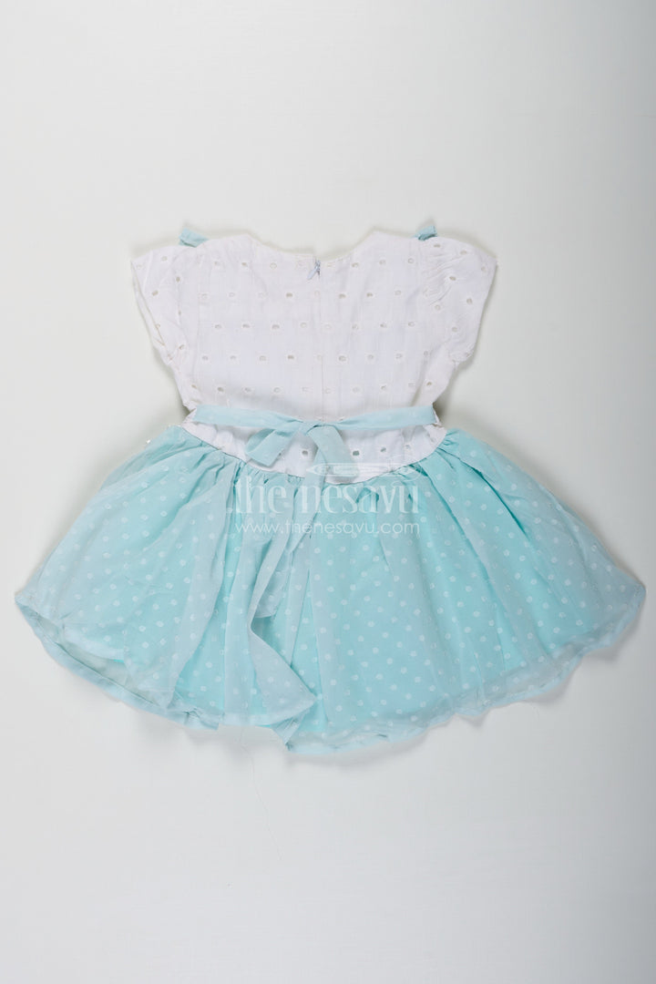 The Nesavu Baby Fancy Frock Frock Clothing for Baby Girls in Aqua Blue with Hakoba Lace Yoke and Georgette Polka Dot Flare Nesavu Nesavu Frock Clothing Baby Girls Hakoba Lace Yoke Aqua Polka Dot Georgette Skirt
