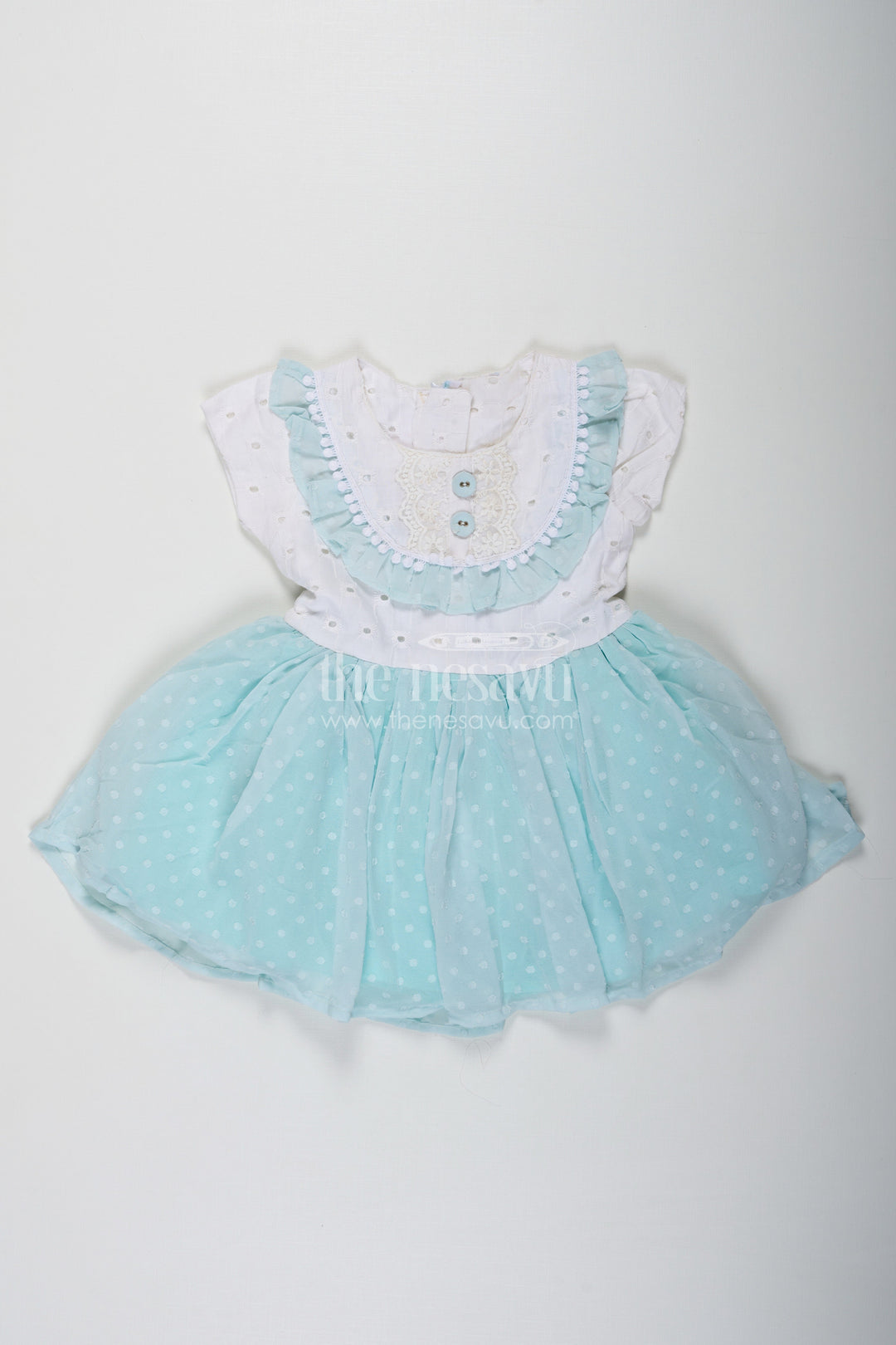 The Nesavu Girls Cotton Frock Frock Clothing for Baby Girls in Aqua Blue with Hakoba Lace Yoke and Georgette Polka Dot Flare Nesavu 22 (4Y) / Blue GFC1718A-22 Frock Clothing Baby Girls Hakoba Lace Yoke Aqua Polka Dot Georgette Skirt | The Nesavu