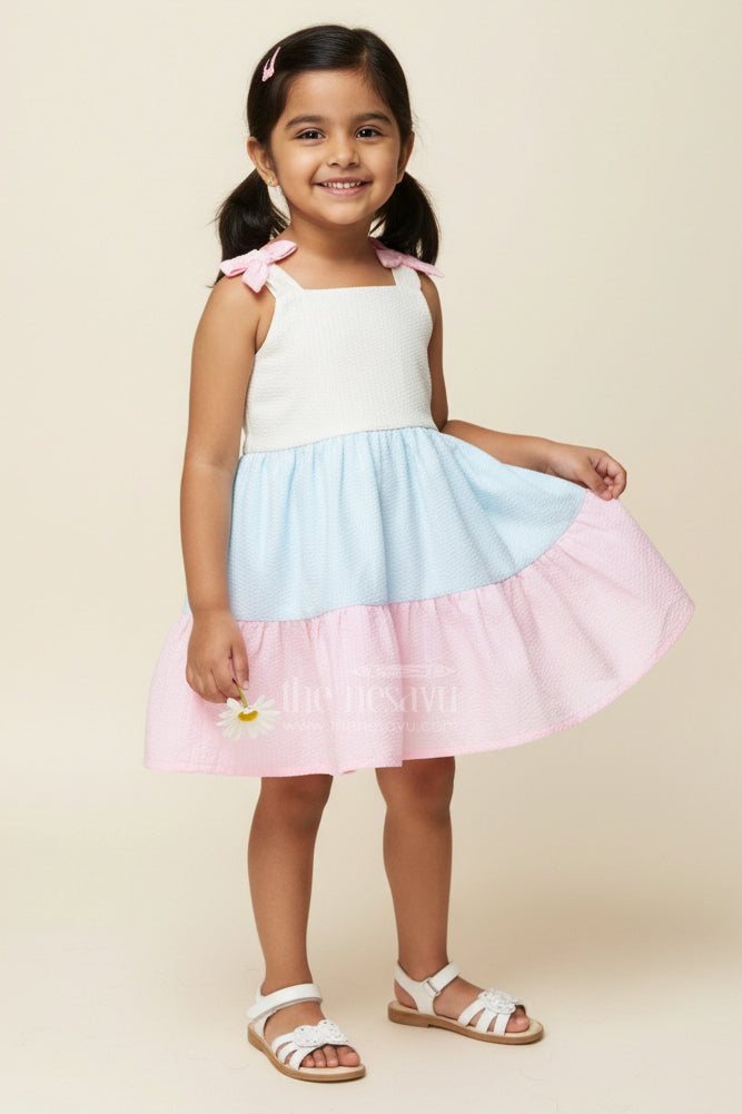 The Nesavu Baby Cotton Frocks Frock for Infants Tiered Cotton Sleeveless Dress in Pastel Color Blocks with Bow Accents Nesavu 16 (1Y) / Multicolor BFJ745C-16 Nesavu Frock Infants Cotton Tier Dress Pastel Color Blocks Shoulder Bows Flared Design