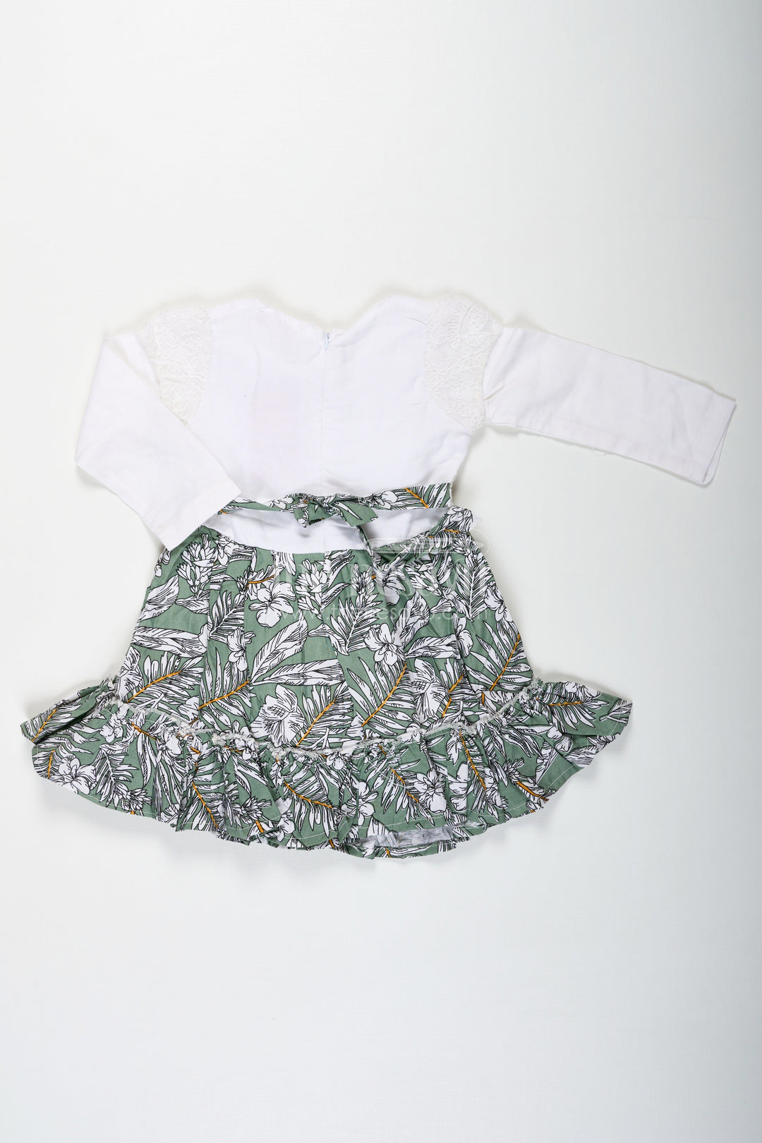 The Nesavu Baby Fancy Frock Frock for Photoshoot in Soft Net with Embroidered Yoke and Leafy Green Digital Print Skirt for Baby Girls Nesavu Nesavu Baby Girl Frock Photoshoot Soft Net Embroidered Top Leaf Digital Print Skirt
