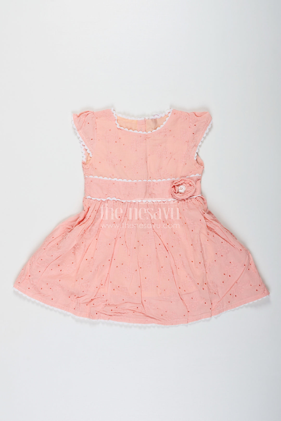 The Nesavu Baby Cotton Frocks Frock for Wedding in Peach Cotton Hakoba with Waist Flower Detail and Matching Mini Bag Nesavu 12 (3M) / Peach BFJ779A-12 Nesavu Frock Wedding Peach Cotton Hakoba Waist Flower Detail Matching Bag