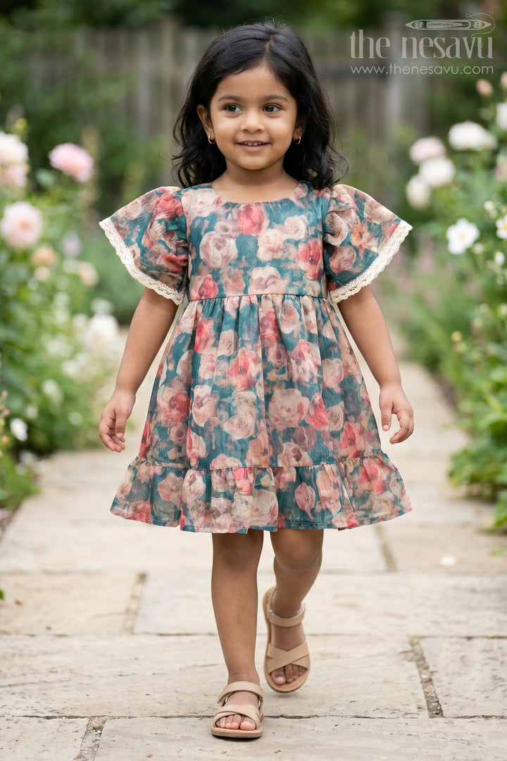 The Nesavu Girls Chanderi Frock Frock for Women Cotton with Floral Tissue Print and Puff Sleeves, Perfect for Family Gatherings and Spring Festivals Nesavu 18 (2Y) / Green GFC1452A-18 Floral Cotton Frock Women Puff Sleeves Tissue Print Nesavu Perfect Spring Festivals Family Gatherings