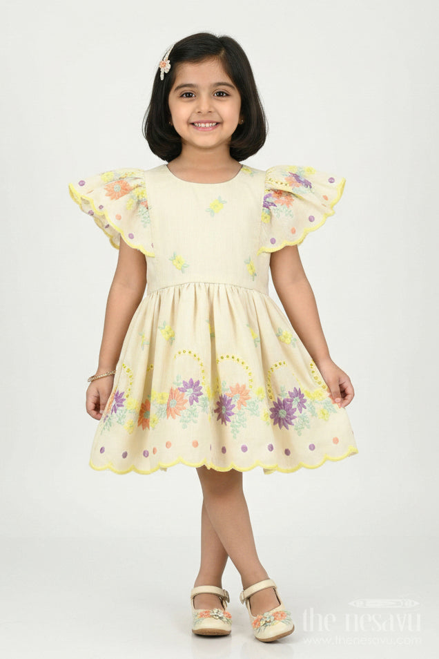 The Nesavu Baby Cotton Frocks Frock Party Wear for Baby Girls in Cotton with Vibrant Thread Embroidery and Butterfly Sleeves Nesavu 14 (6M) / Yellow BFJ769B-14 Frock Party Wear Baby Girls Cream Cotton Floral Thread Embroidery | The Nesavu