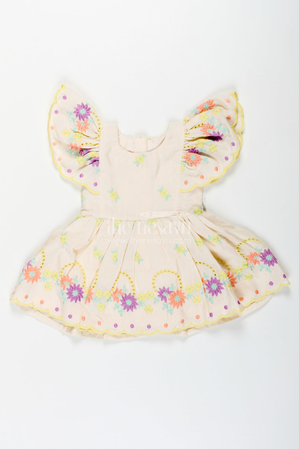 The Nesavu Baby Cotton Frocks Frock Party Wear for Baby Girls in Cotton with Vibrant Thread Embroidery and Butterfly Sleeves Nesavu 14 (6M) / Yellow BFJ769B-14 Nesavu Frock Party Wear Baby Girls Cream Cotton Floral Thread Embroidery