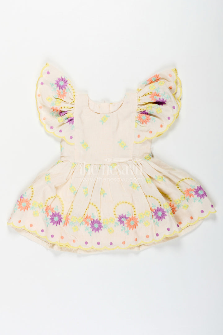 The Nesavu Baby Cotton Frocks Frock Party Wear for Baby Girls in Cotton with Vibrant Thread Embroidery and Butterfly Sleeves Nesavu 14 (6M) / Yellow BFJ769B-14 Nesavu Frock Party Wear Baby Girls Cream Cotton Floral Thread Embroidery