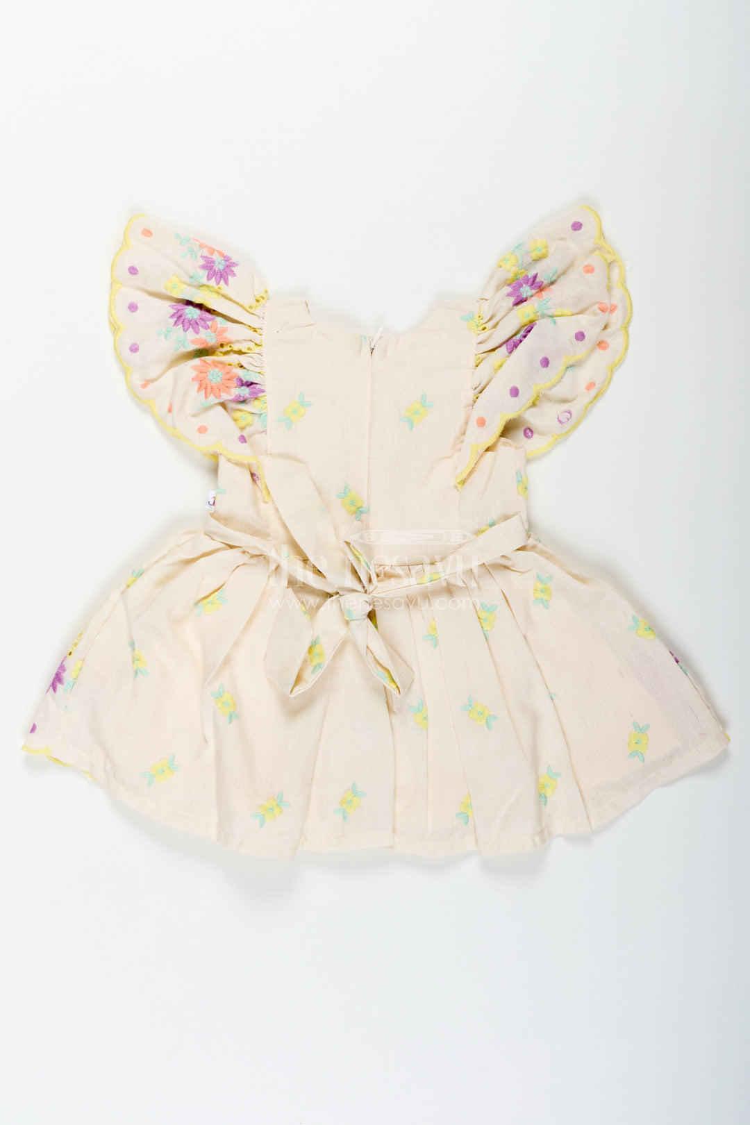 The Nesavu Baby Cotton Frocks Frock Party Wear for Baby Girls in Cotton with Vibrant Thread Embroidery and Butterfly Sleeves Nesavu Nesavu Frock Party Wear Baby Girls Cream Cotton Floral Thread Embroidery