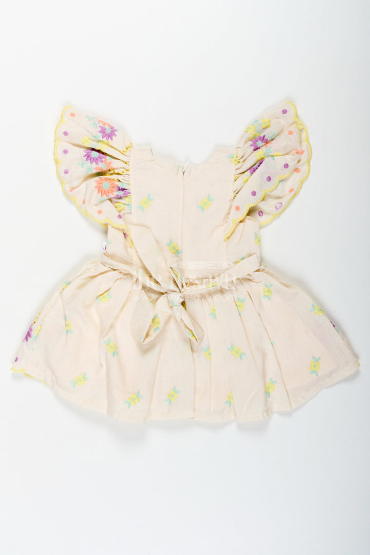 The Nesavu Baby Cotton Frocks Frock Party Wear for Baby Girls in Cotton with Vibrant Thread Embroidery and Butterfly Sleeves Nesavu Nesavu Frock Party Wear Baby Girls Cream Cotton Floral Thread Embroidery