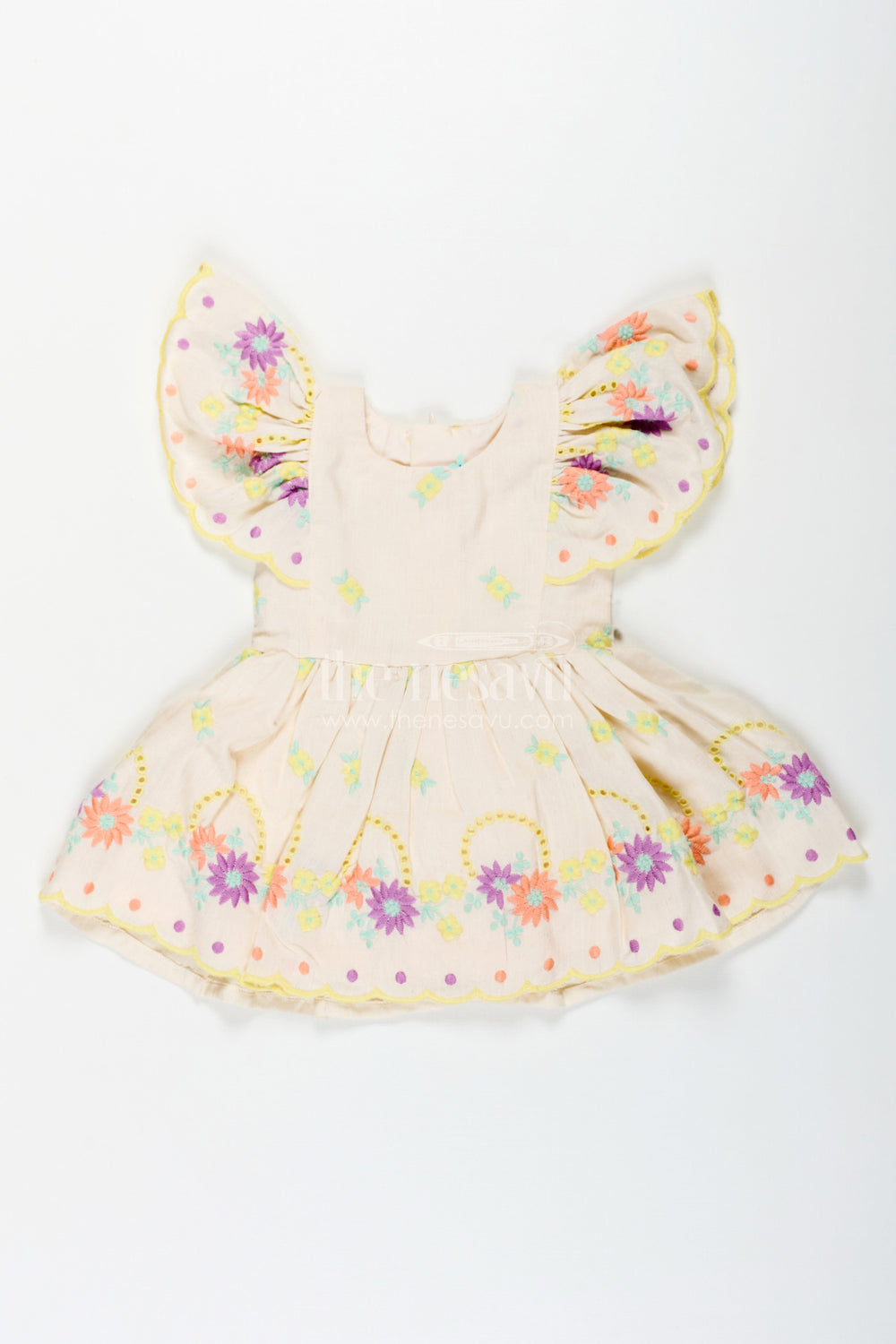 The Nesavu Baby Cotton Frocks Frock Party Wear for Baby Girls in Cotton with Vibrant Thread Embroidery and Butterfly Sleeves Nesavu Nesavu Frock Party Wear Baby Girls Cream Cotton Floral Thread Embroidery