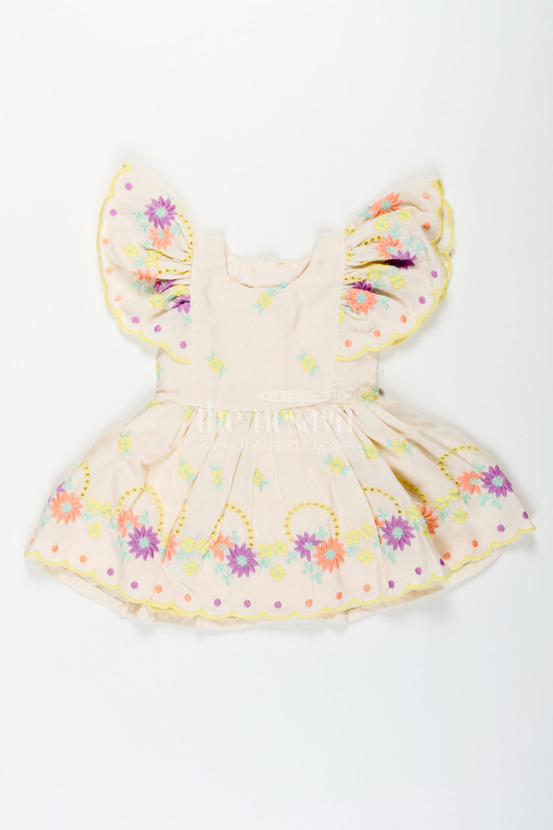 The Nesavu Baby Cotton Frocks Frock Party Wear for Baby Girls in Cotton with Vibrant Thread Embroidery and Butterfly Sleeves Nesavu Nesavu Frock Party Wear Baby Girls Cream Cotton Floral Thread Embroidery