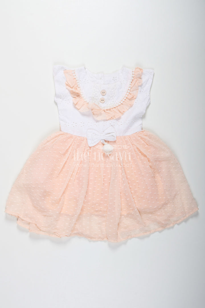 The Nesavu Baby Fancy Frock Frock Suit for Wedding in Soft Peach with Hakoba Lace Yoke and Designer Georgette Bottom for Baby Girls Nesavu 22 (4Y) / Peach GFC1718B-22 Nesavu Frock Suit Wedding Hakoba Lace Yoke Peach Georgette Flare Baby Girls